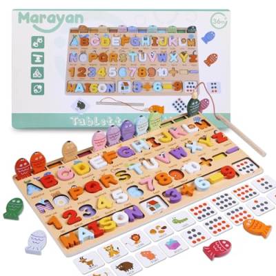 MARAYAN Montessori Kleinkinder Spielzeug auf Französisch ab 3 4 5 Jahre-angelspiel Holz-Puzzle zur Förderungvon Motorik und Koordination-Kinder Mathe Stapeln Anzahl-Zahlen und Buchstaben Lernen von M Marayan Shop