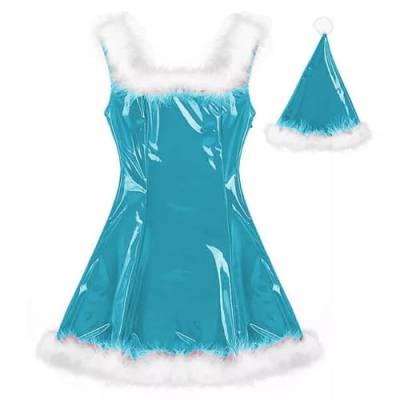 MINUSE 22 Farben Damen Weihnachtsmann Glänzendes Minikleid Ärmelloses PVC-Kleid Sexy Cosplay Kostüm Weihnachtsuniform Mit Hut,blauer See,M von MINUSE