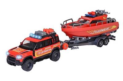Majorette - Feuerwehrauto mit Boot (33,5 cm) - Land Rover Spielzeugauto aus Metall mit Anhänger und schwimmfähigem Speedboot zum Aufziehen, mit Licht & Sound, Spielzeug für Kinder ab 3 Jahre von Majorette