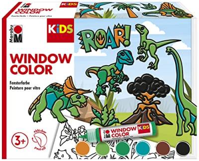 Marabu 306000000004 - KiDS Window Color Set "Dinosaurier", 6 x 25 ml Fensterfarbe auf Wasserbasis, 2 Malvorlagen in A3 und A4, 30 Motive, für Kinder ab 3 Jahren von Marabu