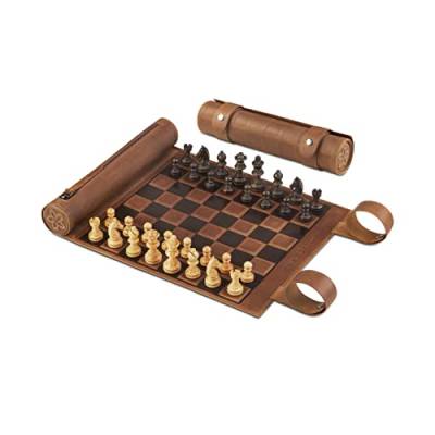 Melia Games Schach zum Rollen - Reise-Schach aus feinstem Vintage Echt-Leder mit handgefertigten Schachfiguren aus Holz (Tobacco) von Melia Games