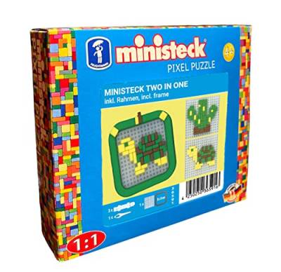 Ministeck 36591 - Mosaikbild 2 in 1 Schildkröte & Kaktus, ca. 8 x 8 cm große Steckplatte mit ca. 130 bunten Steinen und einem Rahmen, für Kinder ab 4 Jahren von Ministeck