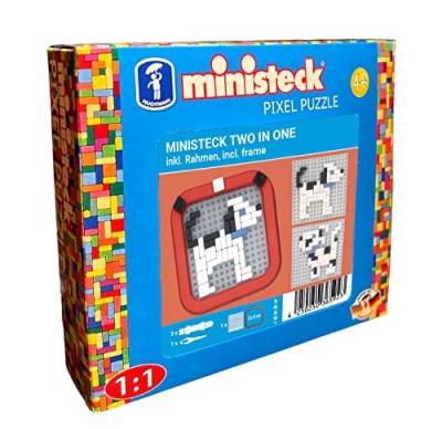 Ministeck 36592 - Mosaikbild 2 in 1 Hunde, ca. 8 x 8 cm große Steckplatte mit ca. 130 bunten Steinen und einem Rahmen, für Kinder ab 4 Jahren von Ministeck