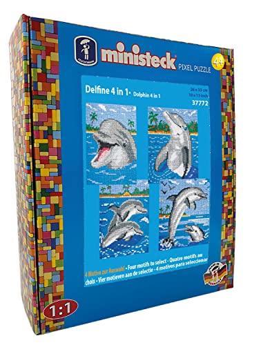 Ministeck 37772 - Mosaikbild 4 in 1 Delfine mit Hintergrund, ca. 26 x 33 cm große Steckplatte mit ca. 3.100 bunten Steinen, Steckspaß für Kinder ab 4 Jahren von Ministeck