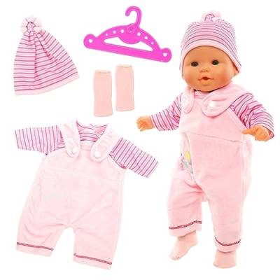 Miunana Kleidung Bekleidung Outfits für Baby Puppen, Puppenkleidung 35-43 cm mit Kleiderbügel Socken, T-Shirt Latzhose mit Hut (Pink) von Miunana