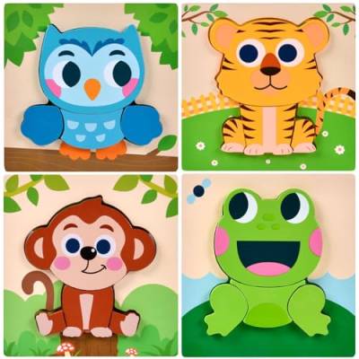 Tier Holzpuzzle Montessori Spielzeug,4 Stück Holzpuzzle Tierform für Kinder im Alter von 1-3 Jahren,Steckpuzzle Geschenk für Baby und Kleinkind,Lernspielzeug als Geschenke Mädchen Junge von OUOQI