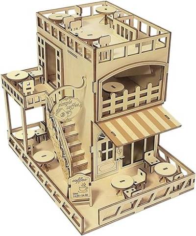 OUSIKA Handgefertigtes Puzzle-Spielzeug aus Holz for Erwachsene, 3-stöckiges Freizeit-Kaffeehaus, DIY-Miniaturhaus-Bausatz aus Holz mit Treppen, umschaltbaren Türen und Fenstern, Kaffeetischen und Stü von OUSIKA