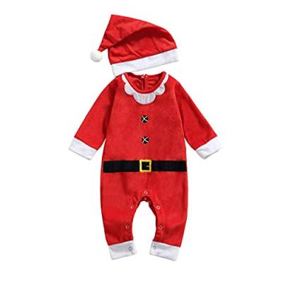 PDYLZWZY Baby-Weihnachtsmann-Outfit für Neugeborene, Jungen und Mädchen, Weihnachts-Outfits, Säuglings-Samt-Strampler mit langer Schwanz-Weihnachtsmann-Mütze (Red, 12-18 Months) von PDYLZWZY