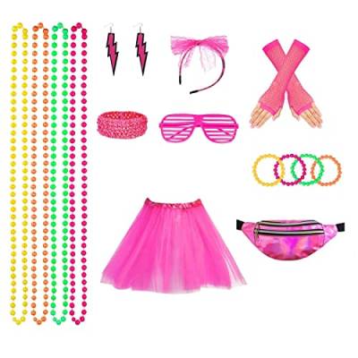 PERTID 80er Jahre Kostüm für Damen – Neon Halskette Armband Ohrringe Netz Beinwärmer Stirnband Set, 80er Jahre Cosplay für von PERTID