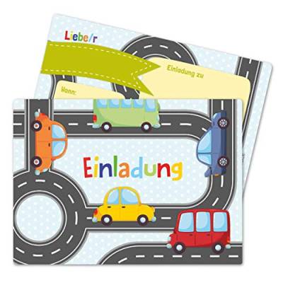 Papierdrachen 12 Einladungskarten zum Kindergeburtstag für Jungen - Motiv Autos - Geburtstagseinladungen für Deine Geburtstagsparty (DIN A6) von Papierdrachen