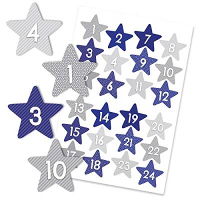 Papierdrachen 24 Adventskalender Weihnachtssticker - Sterne blau Nr 55 - Aufkleber - zum Basteln und Dekorieren deines ganz persönlichen Adventskalenders von Papierdrachen