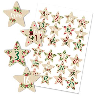 Papierdrachen 24 Adventskalender Zahlenaufkleber - Sterne - Leaves and Berries Nr 56 - Sticker - zum Basteln und Dekorieren deines ganz persönlichen Adventskalenders von Papierdrachen