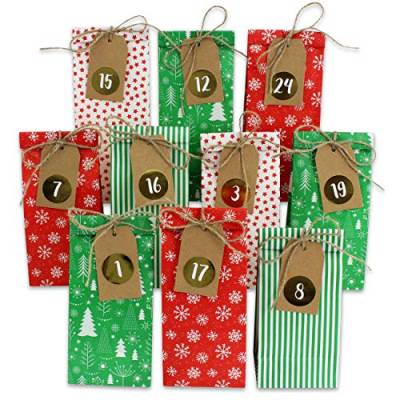 Papierdrachen Adventskalender zum Befüllen - 24 Bedruckte Geschenktüten und 24 Zahlenaufkleber und Klammern - Motiv Rot Grün - zum Basteln und Verschenken - Weihnachten von Papierdrachen