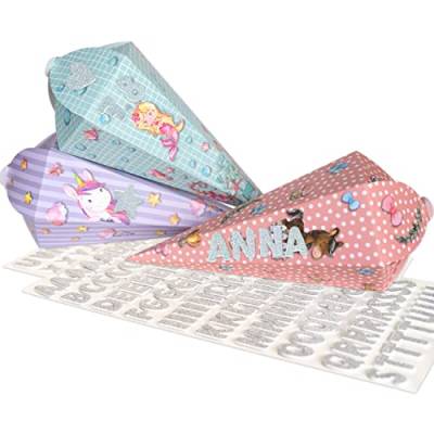 Papierdrachen 3 Bedruckte Schultüten zur Einschulung - kleine Zuckertüte für Schwester und Bruder - Rosa Türkis - inkl. dekorativen Moosgummi Aufklebern | Größe 39,8 x 31,7 cm von Papierdrachen