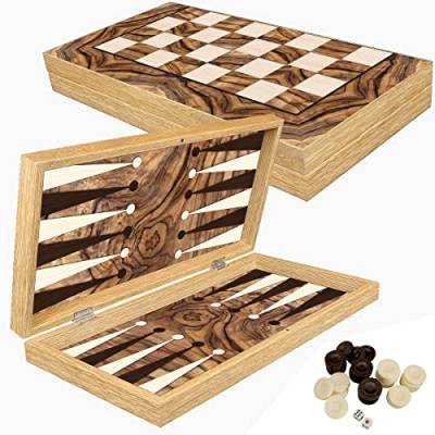 PrimoLiving Deluxe Holz Backgammon Set Olive XXL - 48x48,7 cm - inklusive Schachbrett – Gesellschaftsspiel in braun - praktische Reisespiele mit Koffer - hochwertiges Brettspiel für Jung und Alt von PrimoLiving