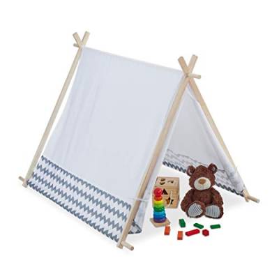 Relaxdays 10035301 Tipi Zelt für Kinder, mit Fenster, Kinderzimmer Zelt, Wigwam Kinderzelt, HxBxT: 92 x 92 x 120 cm, weiß-grau von Relaxdays
