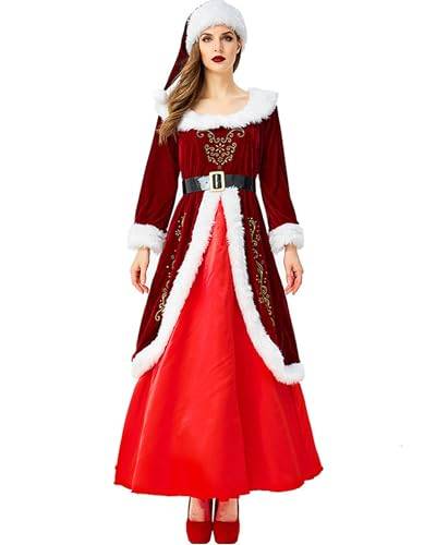 SANSIWU Frauen Weihnachtskostüm Santa Cosplay Kleid Plüschbesatz Patchwork Kapuze Langarm Langes Kleid Motto Party Show Kostüm mit Gürtel (O-Rot, L) von SANSIWU