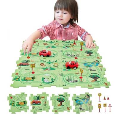 SGILE 30 Stück STEM Straßenbauer Puzzlespiel für Kinder ab 3 Jahre, Kleinkind, logisches Puzzle, Labyrinth Brettspiel mit Auto, Spielset Spielzeug für Jungen Mädchen 3-7 Jahre, Geschenk (Wald)，Grün von SGILE