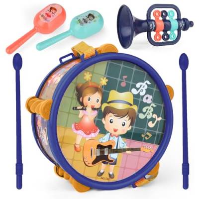 6 Stück Musikinstrumente für Kinder, Kinder Trommel Spielzeug Set mit Trommel, Trommelschlägeln, Sandhämmer und Trompete, Instrument Musical Spielzeug Kinder für Kinder 3+ (Blau) von Satiskid