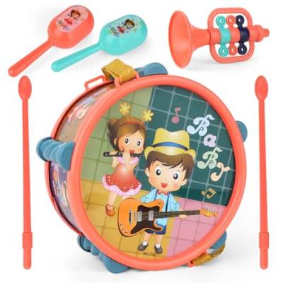 6 Stück Musikinstrumente für Kinder, Kinder Trommel Spielzeug Set mit Trommel, Trommelschlägeln, Sandhämmer und Trompete, Instrument Musical Spielzeug Kinder für Kinder 3+ (Orange) von Satiskid