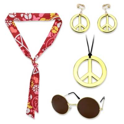 Satiskid 5-teiliges Hippie-Kostüm-Zubehör-Set, 60er-/70er-Jahre-Kostüm-Zubehör für Damen, Hippie-Stirnband, Ohrringe, Halskette, Sonnenbrille, Vintage-Partyzubehör (braun) von Satiskid