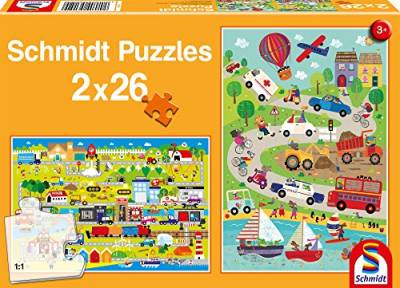 Schmidt Spiele 56152 - Bunte Welt der Fahrzeuge, 2 x 26 Teile, Klassische Puzzle von Schmidt Spiele