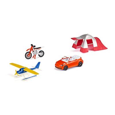 siku 6325, Freizeit-Set, Inkl. Cabrio, Cross-Motorrad, Wasserflugzeug und Zelt, Metall/Kunststoff, Multicolor von Siku