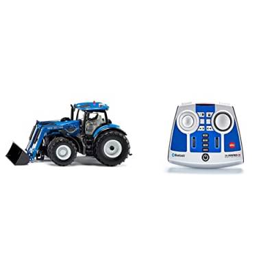 siku 6797, New Holland T7.315 Traktor mit Frontlader, Blau, Metall/Kunststoff, 1:32, Ferngesteuert & 6730, Bluetooth Fernsteuermodul, Für Siku Control Fahrzeuge mit Bluetooth-Steuerung, Blau/Silber von Siku
