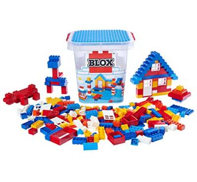 Simba 104114518 - Blox 250 Bausteine im Eimer, für Kinder ab 3 Jahren, Verschiedene Steine, 8 Fenster, 4 Türen, mit Grundplatte, vollkompatibel, farblich gemischt von Simba