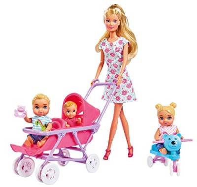 Simba 105736350 - Steffi Love Baby World Puppe, mit 3 Babys, Bett, Kinderwagen, Hochstuhl, Babyschale und viel Zubehör, 29cm, ab 3 Jahre von Simba