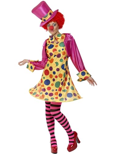 Smiffys 32882S Damen Clown Kostüm, Reifkleid, Hemd, Fliege, Gestreifte Strumpfhose und Hut, Größe: S, 32882 von Smiffys