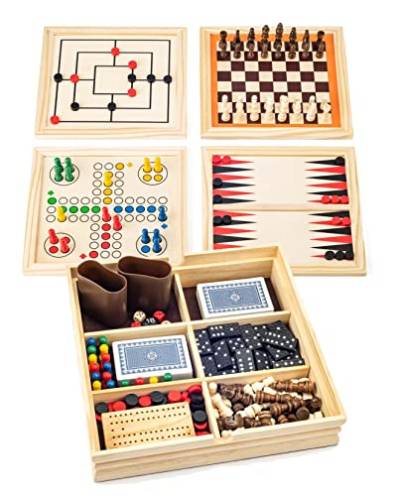 Spielesammlung Deluxe aus Holz 5 Spiele Schach Backgammon Ludo UVM von Spiel AG
