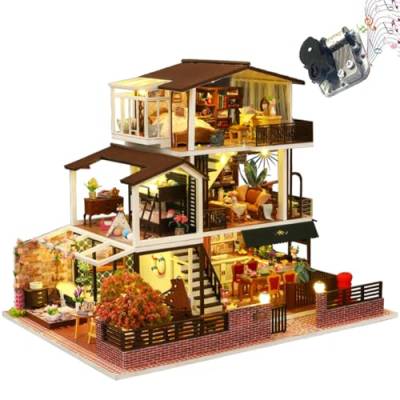 Miniatur Holzpuppenhaus, Europäischer Vintage Stil DIY Puppenhaus Bausatz Villa BAU 3D Modell mit Möbeln und Spieluhr Kreative Geschenke für Freund (Mit Staubschutzhülle) von TOPBSFARNY