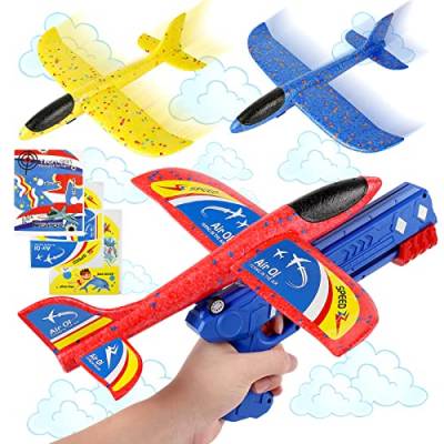 Flugzeug Spielzeug - 3 Stück Katapult Flugzeug Spielzeug, Wurfgleiter Styroporflieger Modell mit Katapult Pistole, Schaum Flugzeug Segelflugzeug Geschenk für Jungen Mädchen für ab 3 4 5 6 7 8 9 Jahre von Teklemon