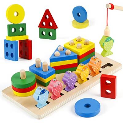 Teklemon Montessori Spielzeug ab 1 2 3 Jahre, Holz Sortier und Stapelspielzeug Steckpuzzle für 12+ Monate Baby Jungen/Mädchen Magnetisch Fischereispielzeug Geometrische Baukasten Shape Sorter Puzzles von Teklemon