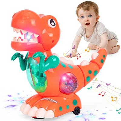 Thedttoy Spielzeug ab 1 2 3 Jahr Jungen Mädchen, Krabbelnde Dinosaurier Babyspielzeug 9 12 18 Monate Musik Dinosaurier Spielzeug mit LED, Weihnachten Geschenk für Junge Mädchen 1 2 3 Jahre (Orange) von Thedttoy