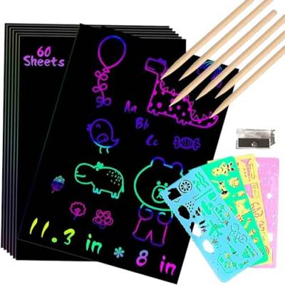 VEghee Scratch Art für Kinder, 50 Blatt Rainbow Scratch Paper Arts für Kinder Scratch Art Notes mit 4 Zeichenschablonenlinealen und 5 Holzstiften und 1 Anspitzer von VEghee