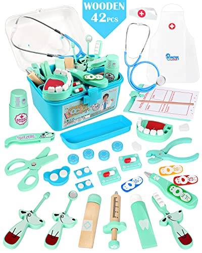 Vanplay Arztkoffer Kinder Holz Doktor Spielzeug mit Stethoskop Kinder Blau Rollenspiel Geschenk ab 3 4 5 6 Jahren Jungen Mädchen Kinder(42Stk) von Vanplay