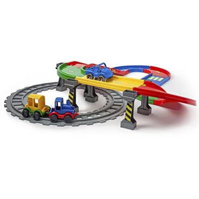 Wader 51530 - Play Tracks Railway Auto- und Eisenbahn, Set aus Schienen und Straße mit ca. 3,4 m Länge, inkl. 3 Fahrzeugen und 48 Sticker, ab 1 Jahr, ideal als Geschenk für fantasievolles Spielen von Wader