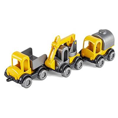 Wader 60021 - Kid Cars Spielset Baustelle, 3 gelbe Fahrzeuge mit Kipper, Kran und Trankwagen, stabile Stahlachsen, ab 12 Monaten, ideal als Geschenk für kreatives Spielen von Wader