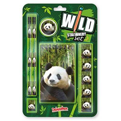 Wild Stationery Deluxebase Panda-Set mit 2 Bleistiften, Radiergummi, Spitzer, Lineal und Notizbuch, Schreibwaren-Set… von Deluxebase
