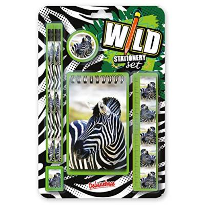 Wild Stationery Set – Zebra de Deluxebase. Diese lustigen Schulbedarfs-Sets enthalten 2 Bleistifte, Radiergummi, Bleistiftspitzer, Lineal und Notizbuch, Schreibwaren-Set von Deluxebase
