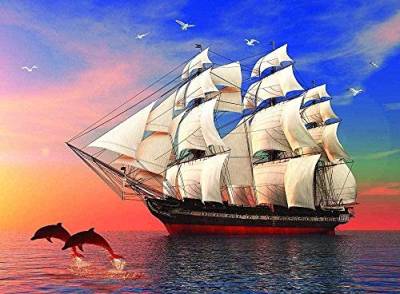 Xiutailtd Erwachsenen-Puzzle, Motiv: Sonnenuntergang, Ozean, Segelschiff, zwei Delfine, 1000 Teile, 75 x 50 cm von XiuTaiLtd