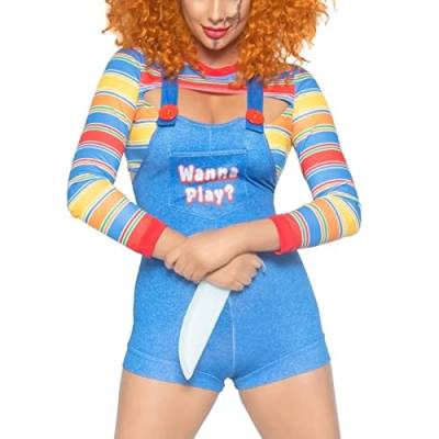 YILEEGOO Damen 2-teiliges Halloween-Kostüm-Set Gruseliger Albtraum Killer Puppe Wanna Play Movie Charakter Kleid Chucky Puppe Kostüm Set Outfit Anzug (W1 Blau, L) von YILEEGOO