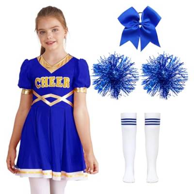 YOOJIA Kinder Cheer Leaderin Halloween Karneval Kostüm Mädchen Cheerleading Uniform Kleid mit Pompoms Socken und Kopfbedeckung B Blau 158-164 von YOOJIA