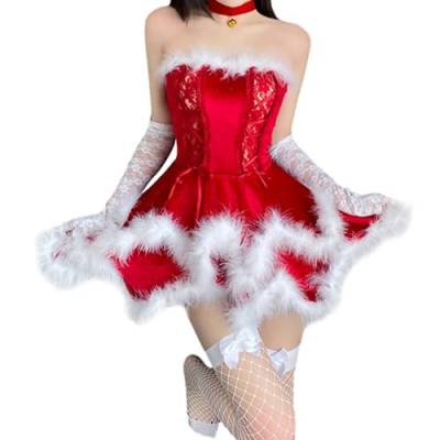 Yoisdtxc Damen Weihnachten Santa Kleid Luxus Frau Claus Kostüm Korsett Rock Stirnband Choker Handschuh Set (A-Rot, Einheitsgröße) von Yoisdtxc