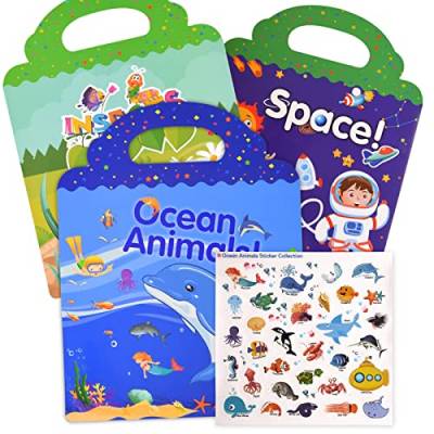 Surcotto Stickerbuch ab 2 Jahre, Wiederverwendbare Sticker Bücher (Ozean+Insekten+Weltraum) für Kinder ab 2 Jahre, wasserfest von Surcotto