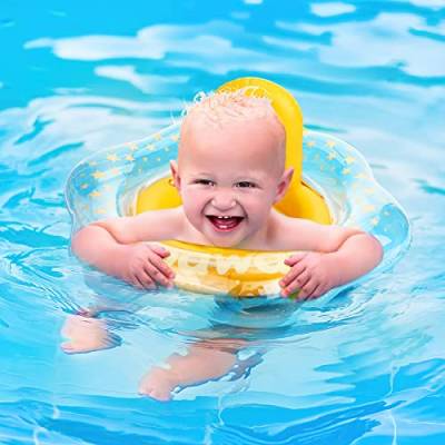 Zooawa Baby Schwimmring, Baby Schwimmhilfe Ring Aufblasbarer mit Sicherheitssitz & Sternendruck, PVC Schwimmreifen Schwimmsitz für Kinder von 0-6 Jahren mit einem Gewicht von 6-22 kg - Gelb + Klar von Zooawa