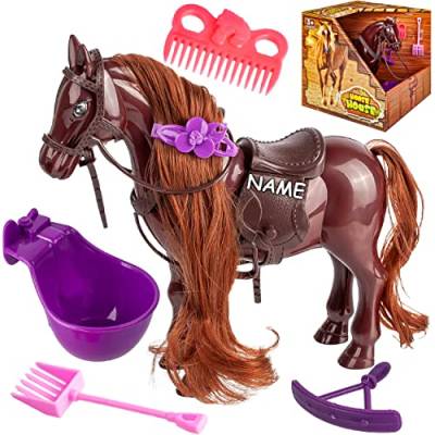 Spielzeugpferd/Pferd + Zubehör - inkl. Name - passend für Barbie Puppe - 17 cm hoch - mit abnehmbaren Sattel + Zaumzeug - mit Haaren - ideal auch für 29 cm.. von alles-meine.de GmbH