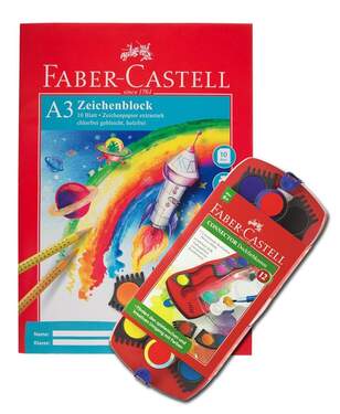 Faber-Castell CONNECTOR Deckfarbkasten 12 Farben + Zeichenblock A3, 10 Blatt, 100g/m²
